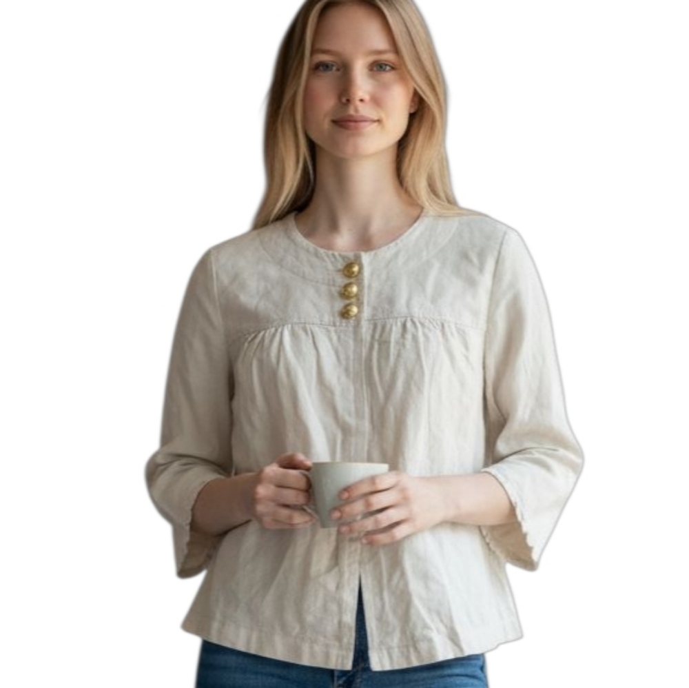 🦜 2/$10 Grace Elements Linen Tan Gold Button Bolero Top. Size 10.